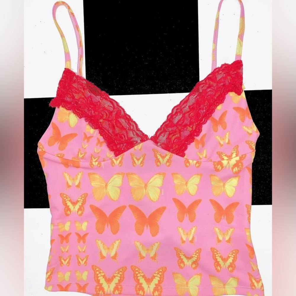 Omighty Pink Butterfly Print Cami Tank with Red Lace Trim Size Small